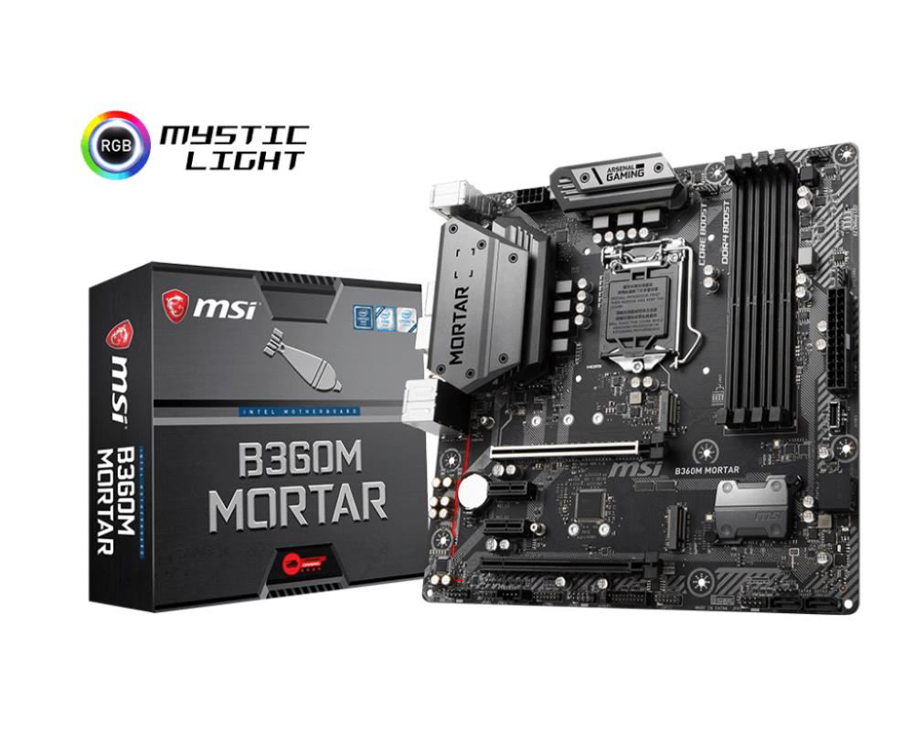 Mainboard|MSI|Intel B360 Express|LGA1151|MicroATX|2xPCI-Express   1x|2xPCI-Express  16x|Memory DDR4|Memory slots  4|1xDVI|1xHDMI|1xDisplayPort|4xUSB 1xUSB 1xUSB type  C|1xPS/2|1xOptical S/PDIF|1xRJ45|5xAudio port|B360MMORTAR - BITCOM ECOM