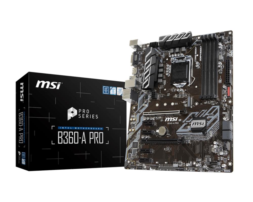 Mainboard|MSI|Intel B360 Express|LGA1151|ATX|4xPCI-Express  1x|2xPCI- Express  16x|Memory DDR4|Memory slots 4|1xDVI|1xDisplayPort|2xUSB  3xUSB 1xUSB type C|1xPS/2|1xRJ45|6xAudio port|B360-APRO - BITCOM  ECOM